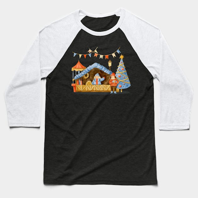 Christmas Market Watercolor Baseball T-Shirt by Mako Design 